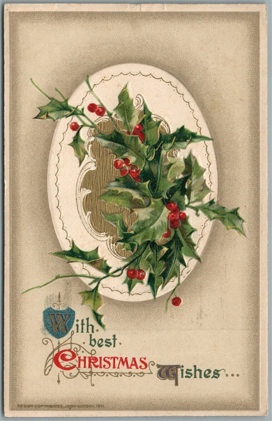 CHRISTMAS WISHES JOHN WINSCH 1911 EMBOSSED ANTIQUE POSTCARD
