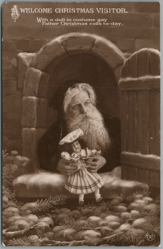 SANTA w/ DOLL MERRY CHRISTMAS ANTIQUE POSTCARD