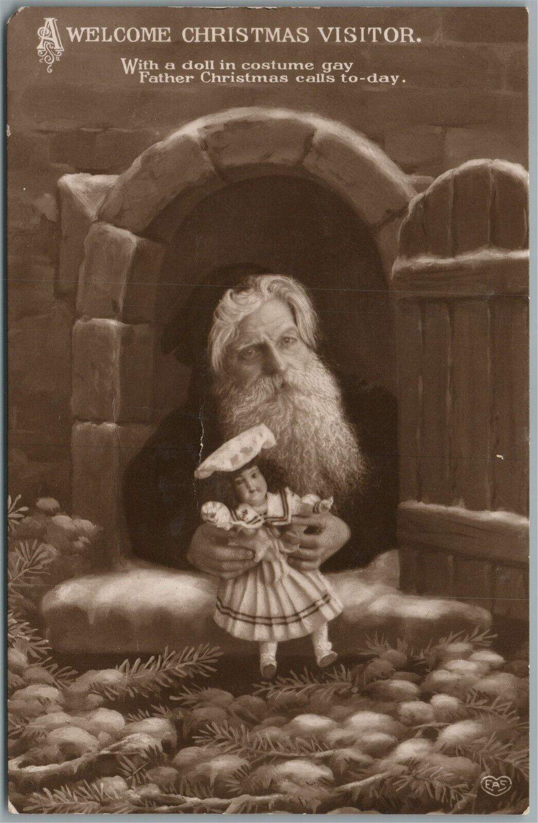 SANTA w/ DOLL MERRY CHRISTMAS ANTIQUE POSTCARD