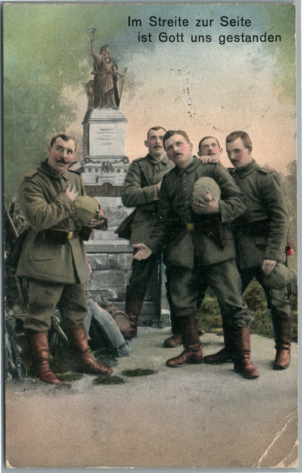 GERMAN 1915 WWI ERA FELDPOST ANTIQUE POSTCARD SOLDIERS AT CEMETERY MONUMENT