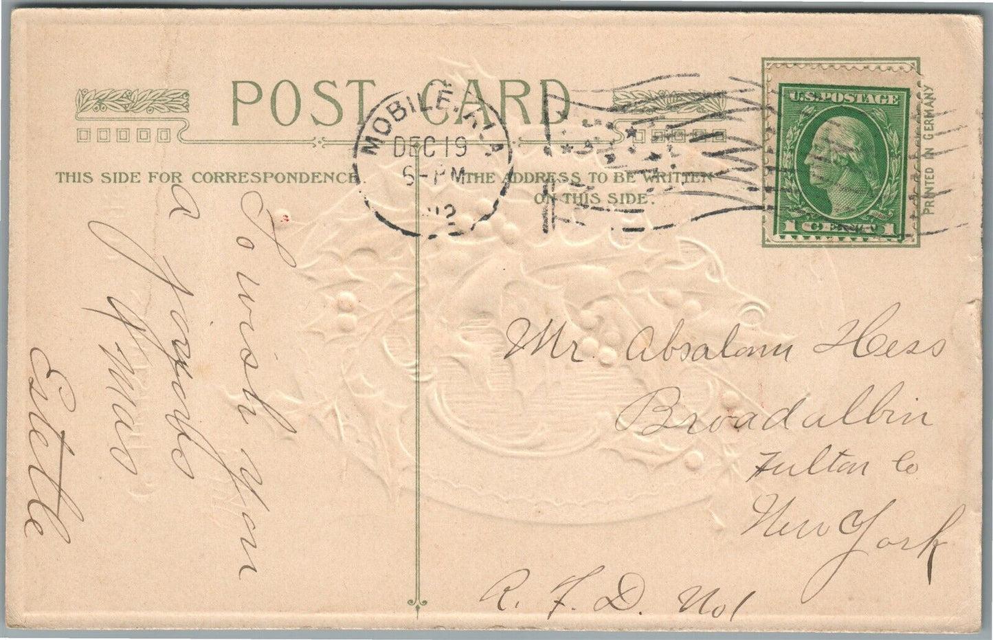 CHRISTMAS WISHES JOHN WINSCH 1911 EMBOSSED ANTIQUE POSTCARD