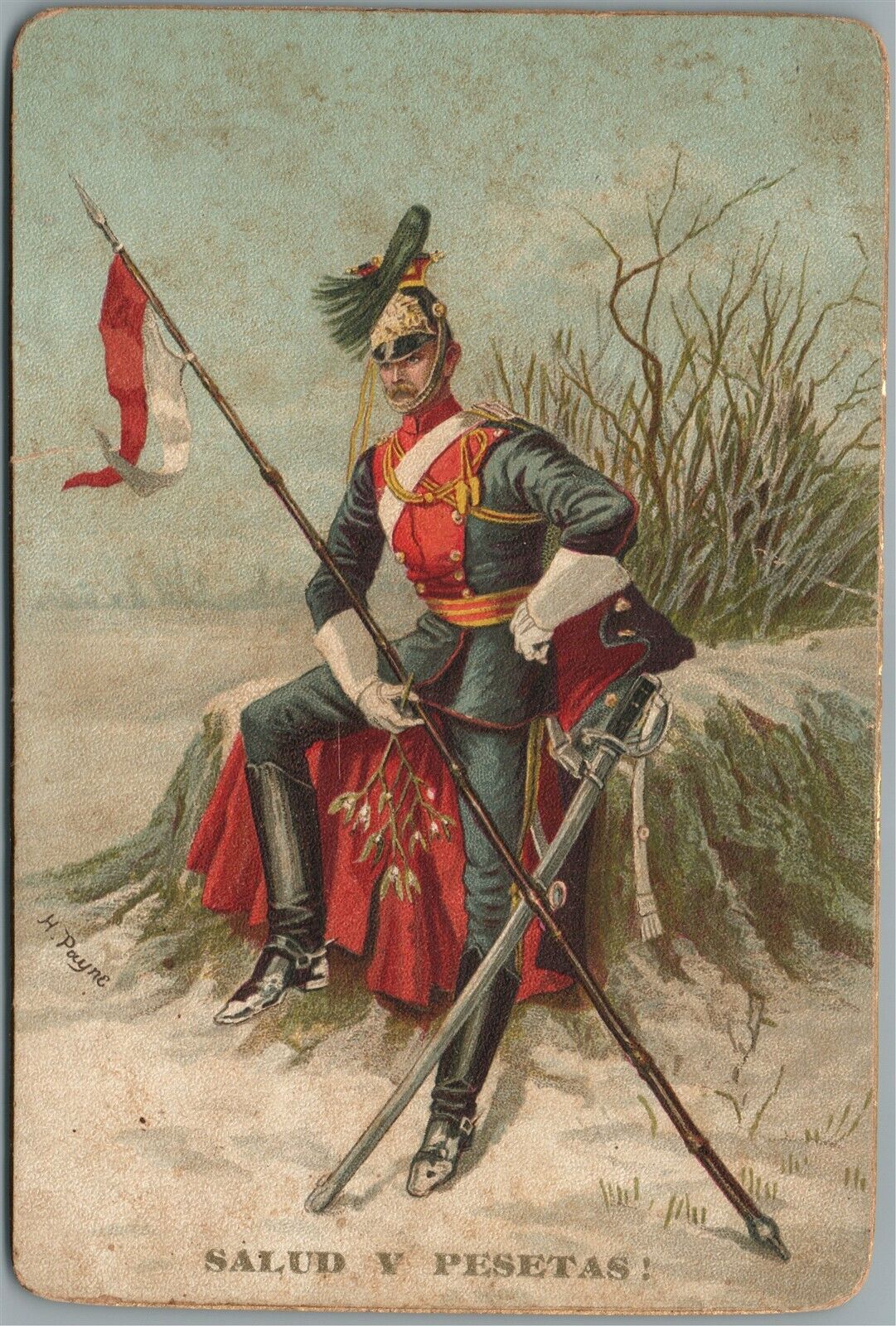 MILITARY OFFICER w/ POLISH or MONACO FLAG ARTIST SIGNED ANTIQUE POSTCARD