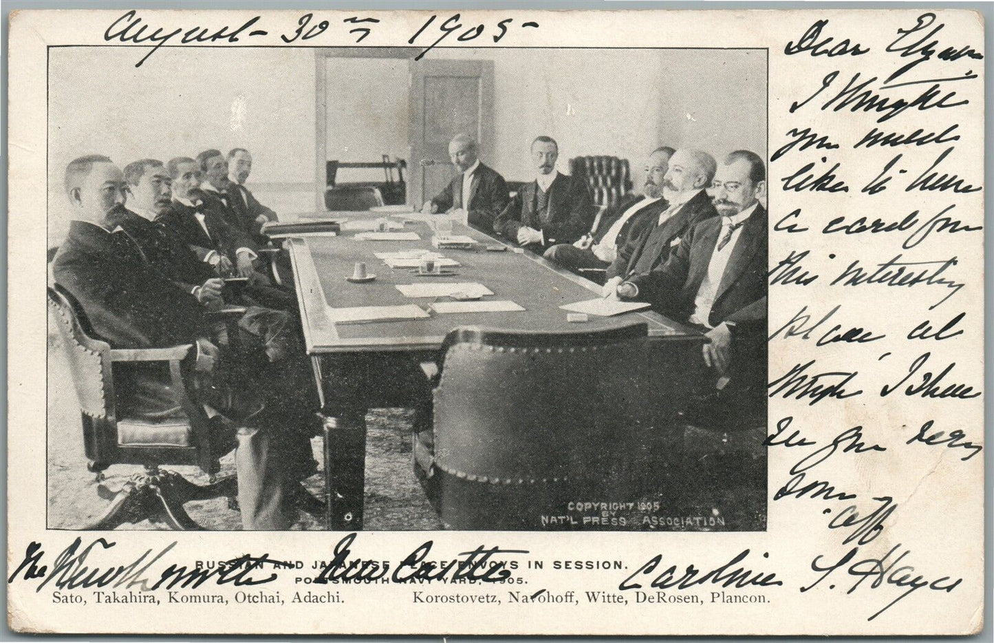 RUSSIAN & JAPANESE PEACE ENVOYS in SESSION PORTSMOUTH 1905 ANTIQUE POSTCARD