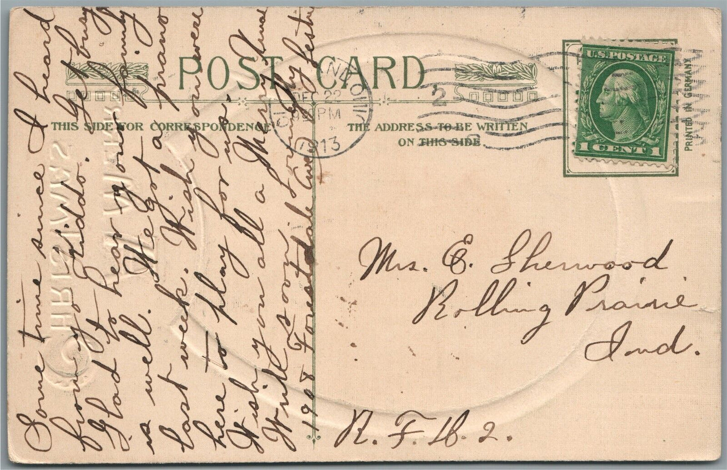 MERRY CHRISTMAS JOHN WINSCH 1912 ANTIQUE POSTCARD