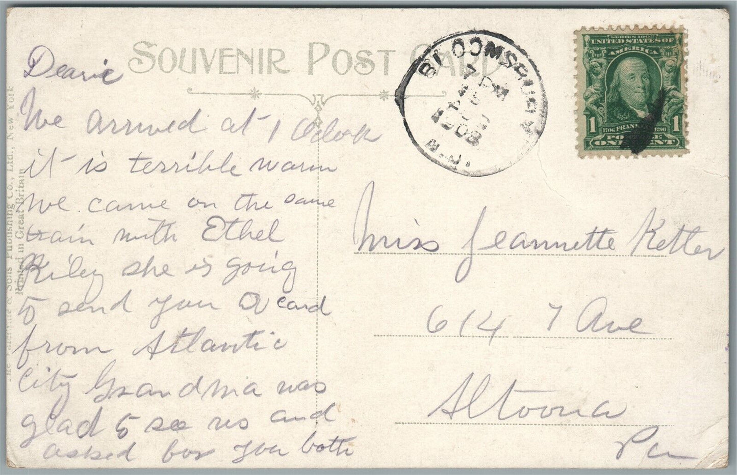 PHILLIPSBURG NJ GREEN'S BRIDGE 1908 ANTIQUE POSTCARD