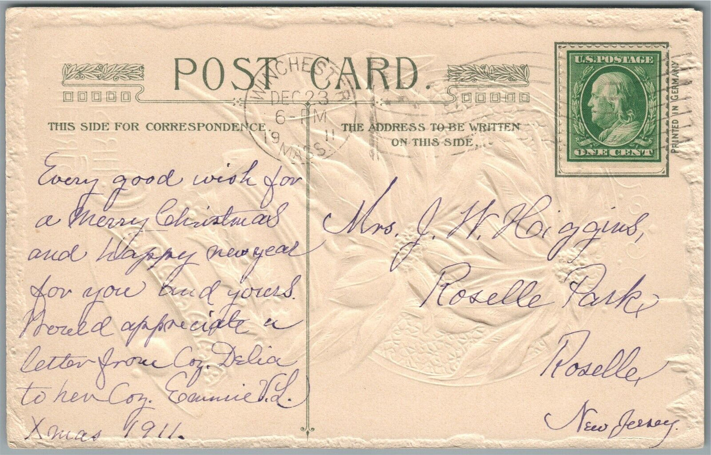 CHRISTMAS GREETINGS JOHN WINSCH 1910 ANTIQUE POSTCARD