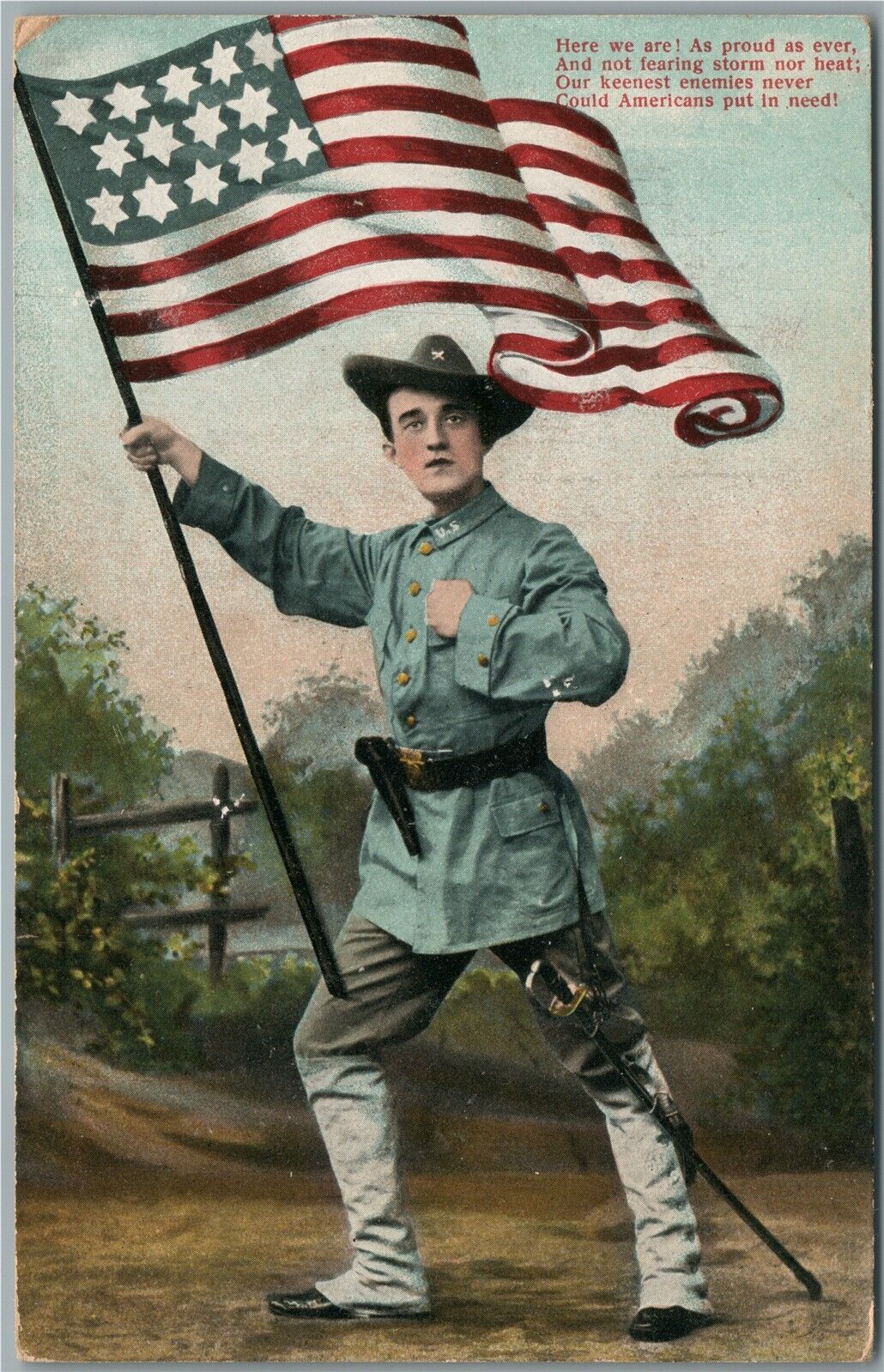 US ARMY SOLDIER w/ MERICAN FLAG PATRIOTIC ANTIQUE POSTCARD