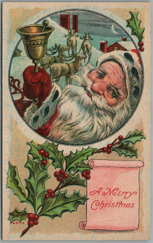 SANTA w/ CHRISTMAS BELL ANTIQUE POSTCARD