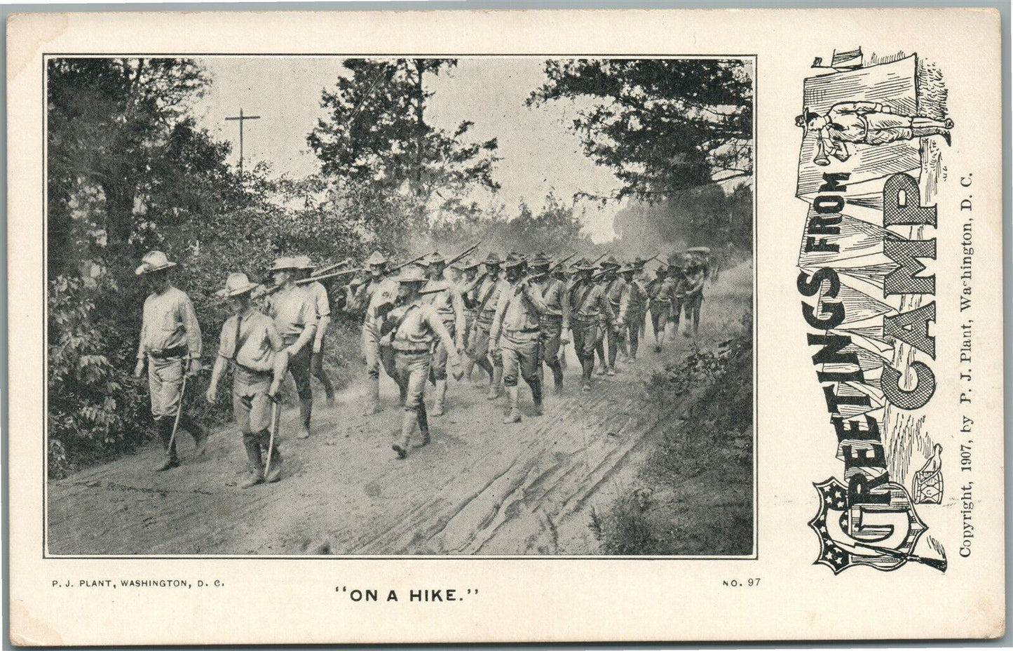AMERICAN WWI ERA US ARMY ON A HIKE ANTIQUE POSTCARD GREETINGS FROM CAMP
