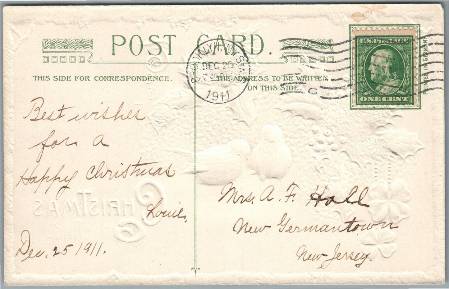 CHRISTMAS GREETINGS JOHN WINSCH 1911 ANTIQUE POSTCARD w/ BIRDS