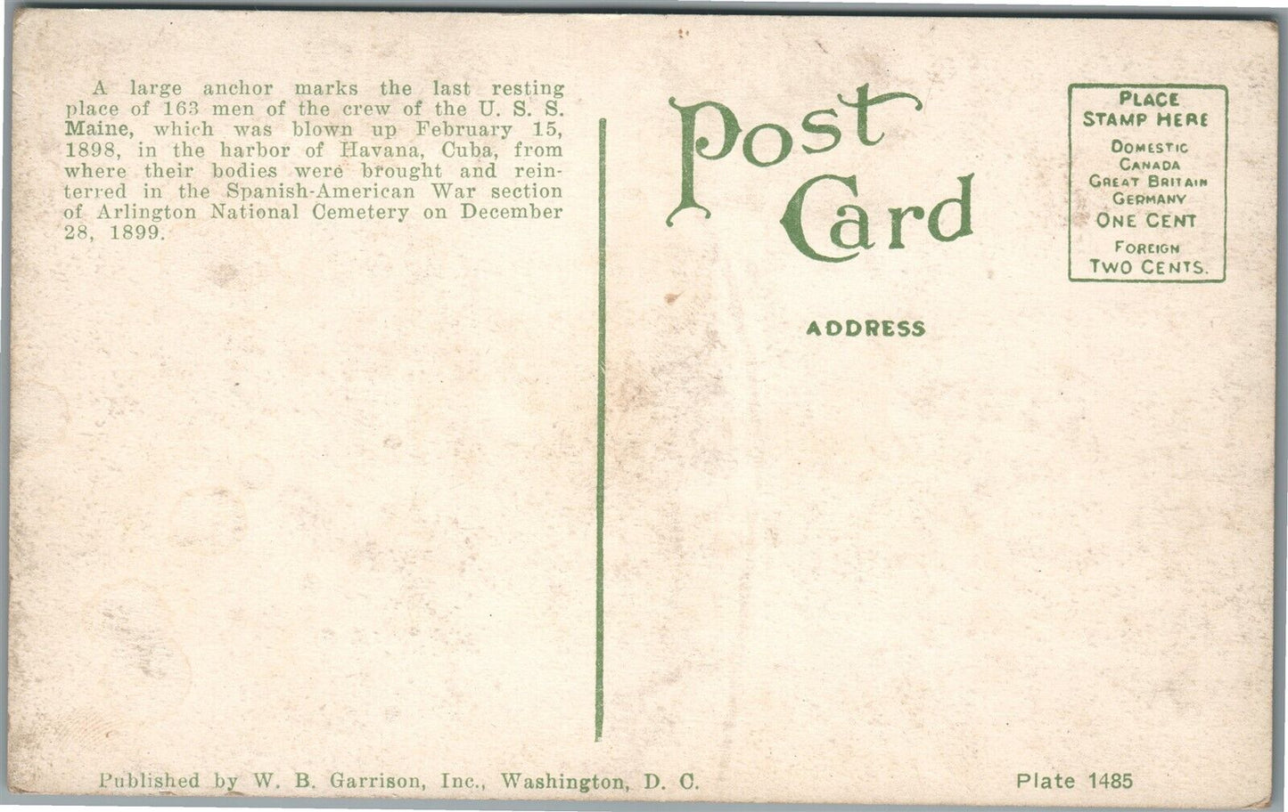 ARLINGTON VA CEMETERY ANCHOR OVER VICTIMS of U.S.S. MAINE ANTIQUE POSTCARD