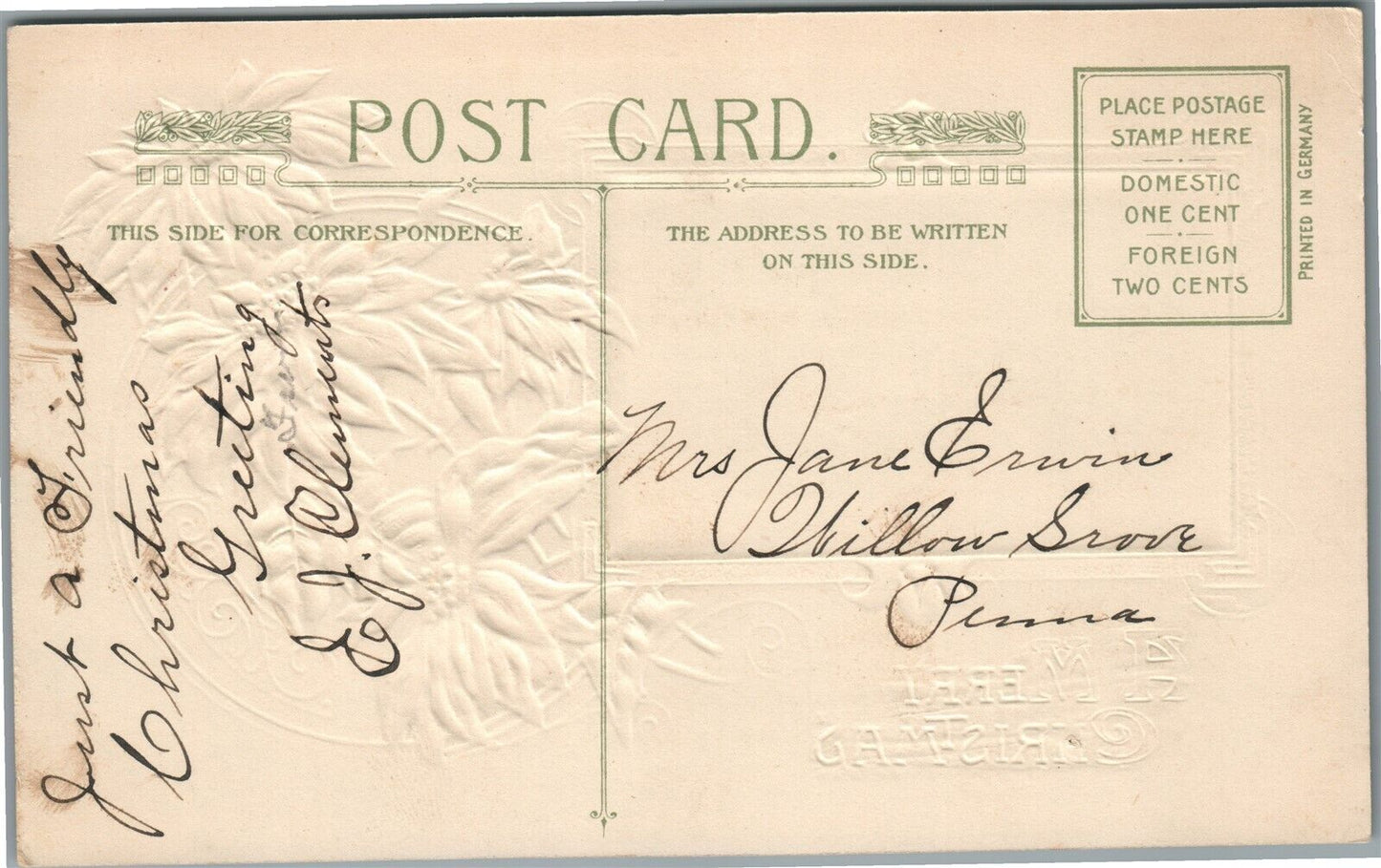 MERRY CHRISTMAS JOHN WINSCH 1911 EMBOSSED ANTIQUE POSTCARD