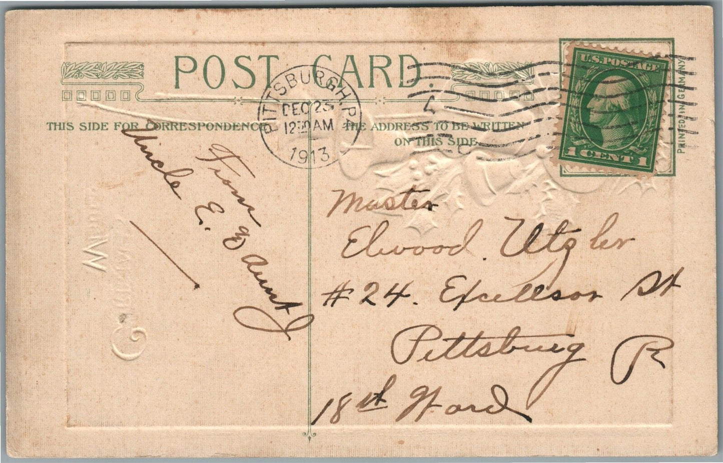 CHRISTMAS GREETINGS 1913 EMBOSSED ANTIQUE POSTCARD by JOHN WINSCH