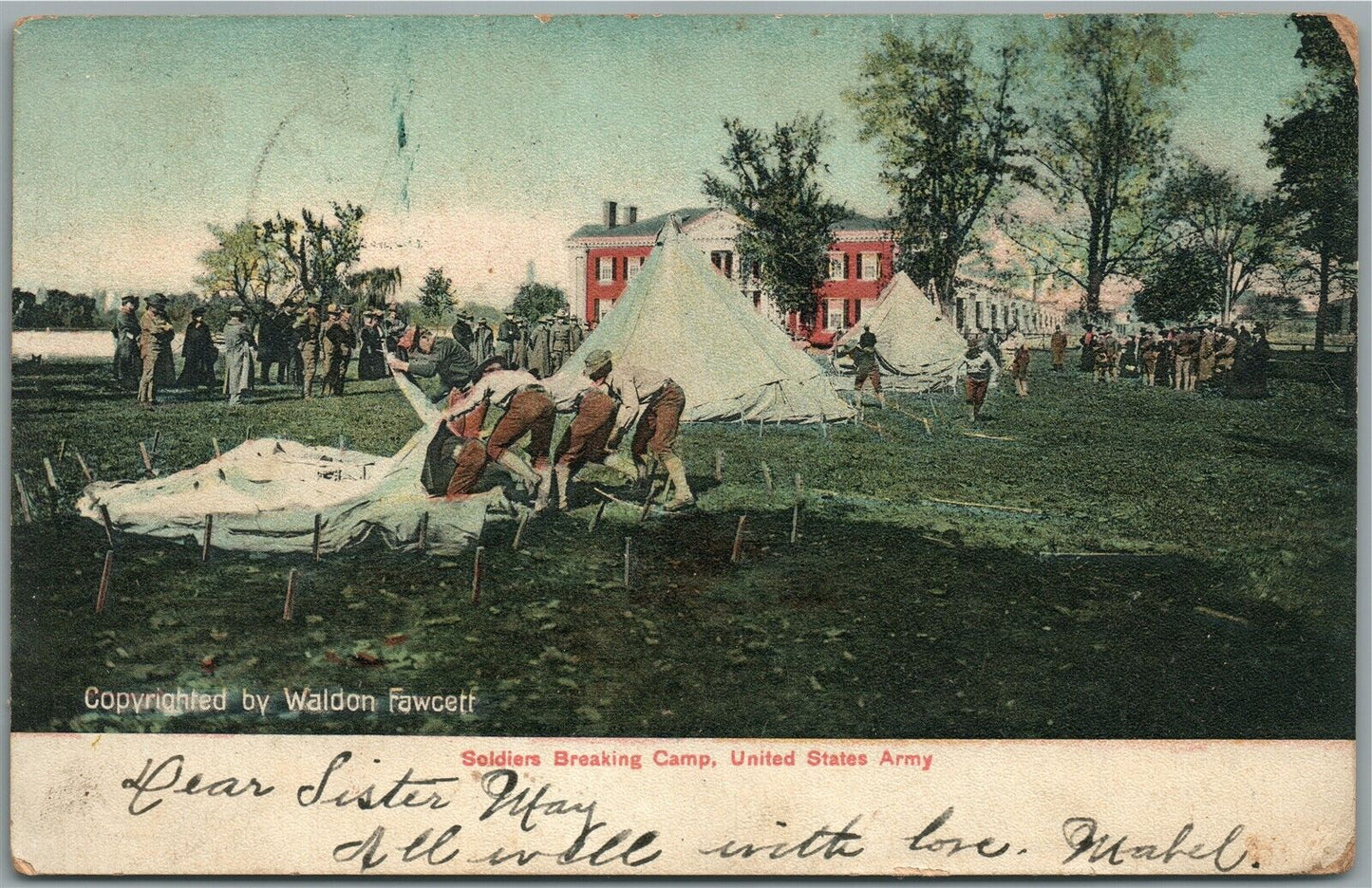 US ARMY SOLDIERS BREAKING CAMP ANTIQUE POSTCARD