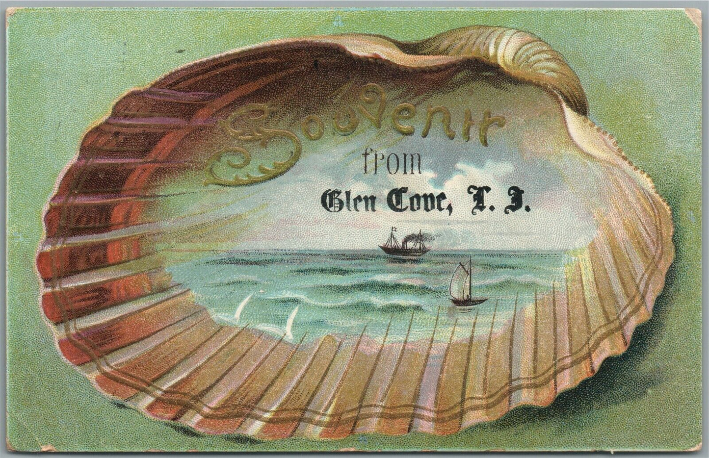 GLEN COVE NJ SHELL SHAPE ANTIQUE POSTCARD