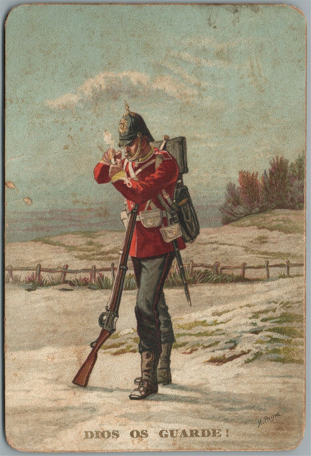 ARMED SOLDIER ARTIST SIGNED ANTIQUE POSTCARD