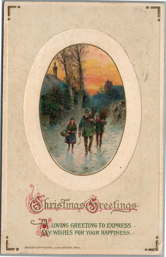 CHRISTMAS GREETINGS 1914 ANTIQUE POSTCARD by JOHN WINSCH