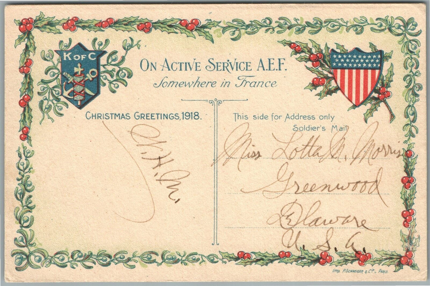 1918 WWI ERA on ACTIVE SERVICE in FRANCE CHRISTMAS GREETINGS ANTIQUE POSTCARD