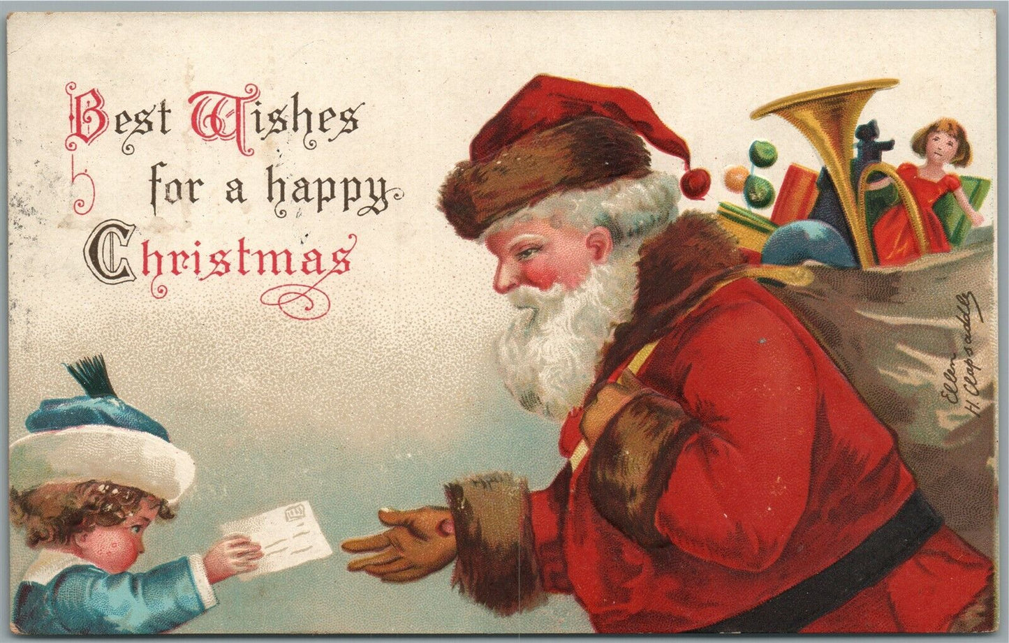 SANTA BEST WISHES FOR HAPPY CHRISTMAS EMBOSSED ANTIQUE POSTCARD