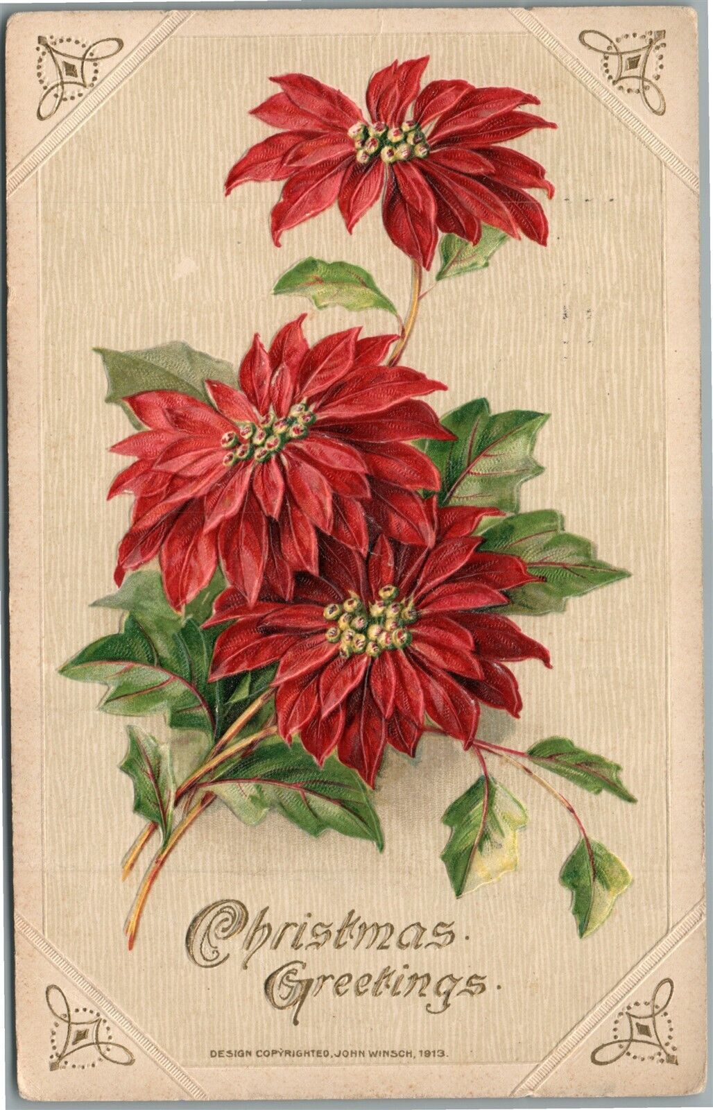 CHRISTMAS GREETINGS JOHN WINSCH 1913 EMBOSSED ANTIQUE POSTCARD