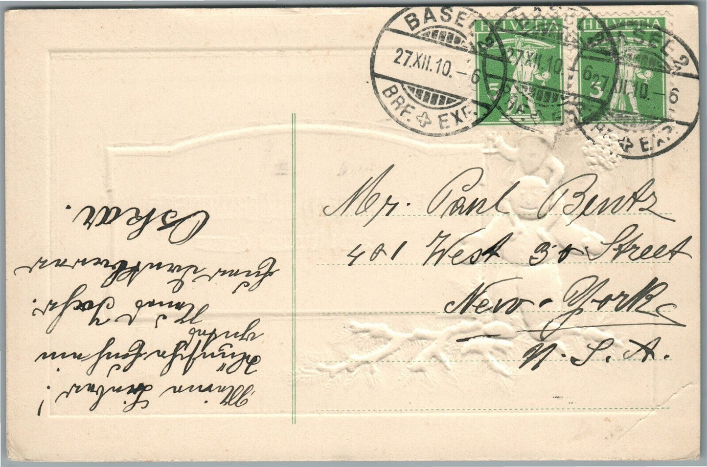 SNOWMAN EMBOSSED CHRISTMAS ANTIQUE POSTCARD