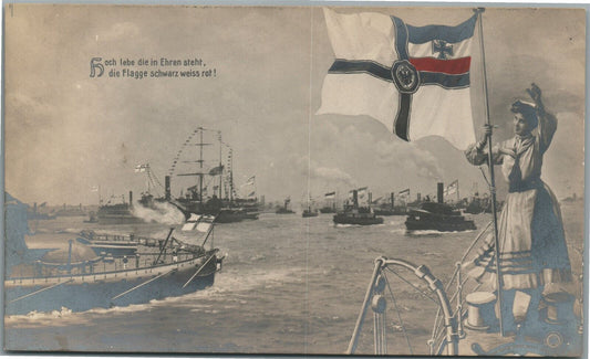 GERMAN PORT w/ SHIPS ANTIQUE REAL PHOTO POSTCARD RPPC w/ IMPERIAL FLAG