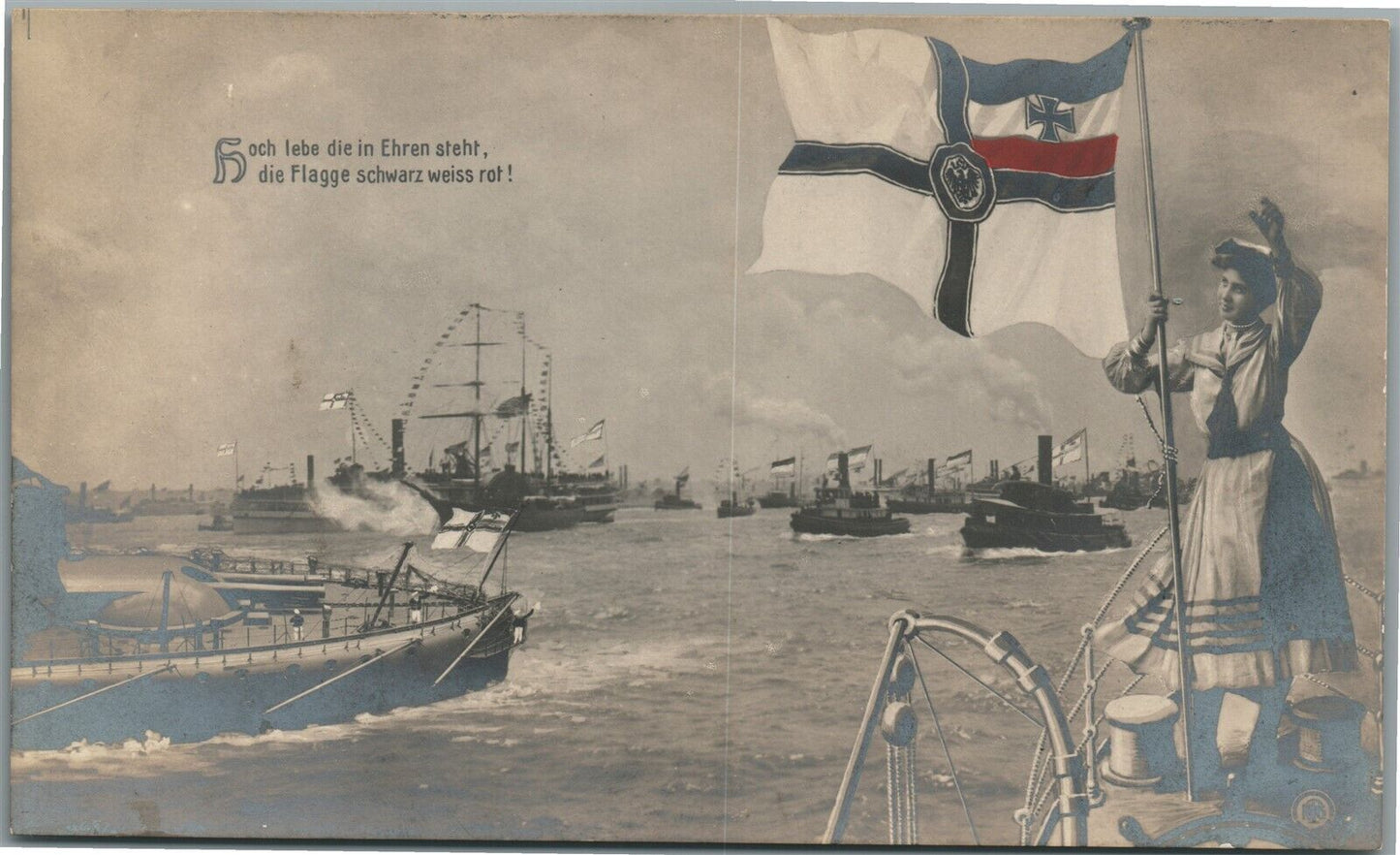 GERMAN PORT w/ SHIPS ANTIQUE REAL PHOTO POSTCARD RPPC w/ IMPERIAL FLAG