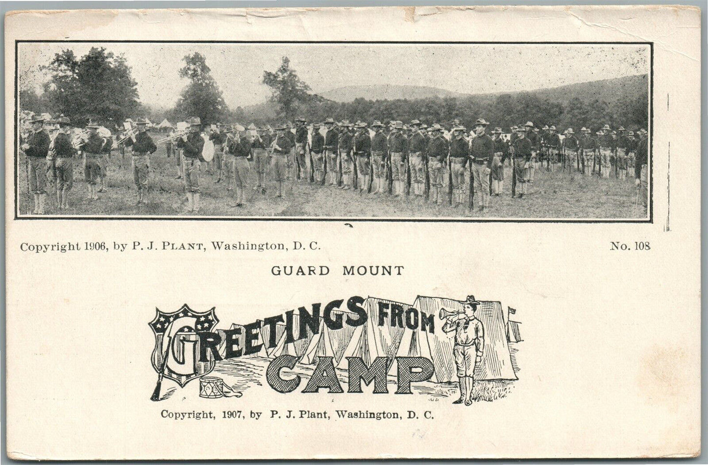 AMERICAN WWI ERA US ARMY GUARD MOUNT ANTIQUE POSTCARD GREETINGS FROM CAMP