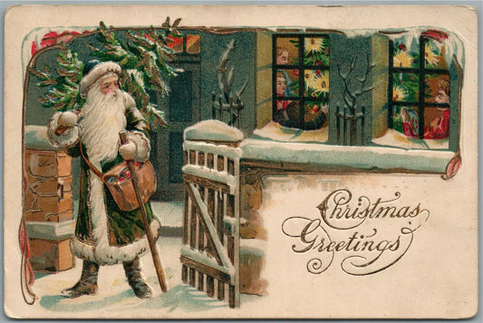 SANTA in GREEN ROBE CHRISTMAS GREETINGS EMBOSSED ANTIQUE POSTCARD