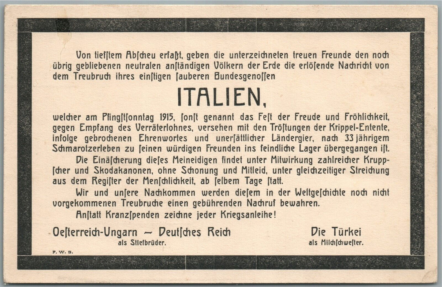GERMAN WWI PROPAGANDA ANTIQUE POSTCARD for ITALIANS