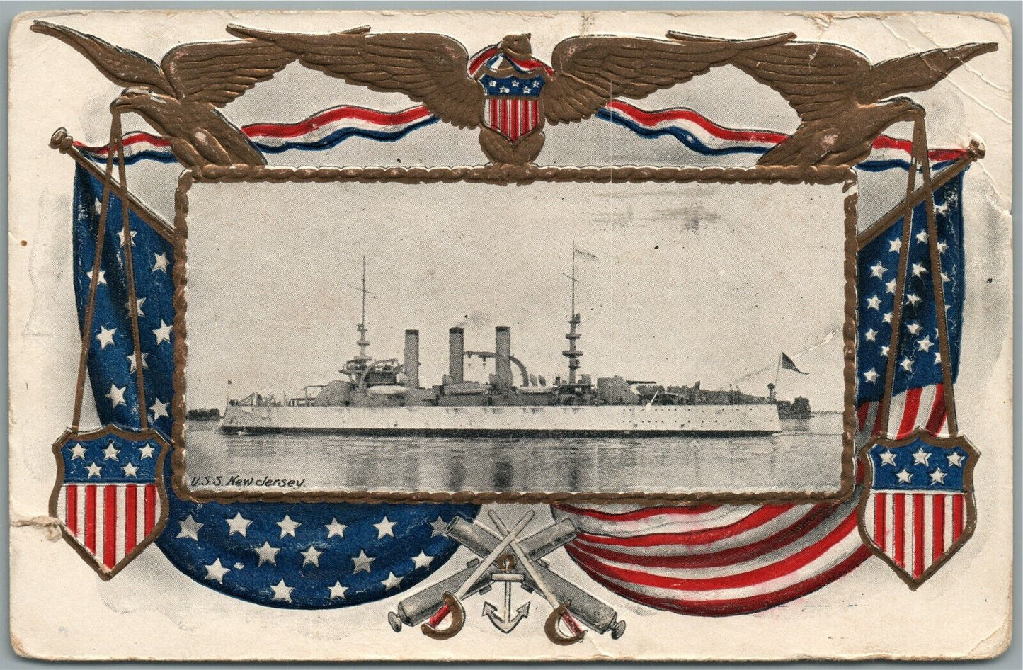 USS NEW JERSEY AMERICAN PATRIOTIC ANTIQUE POSTCARD