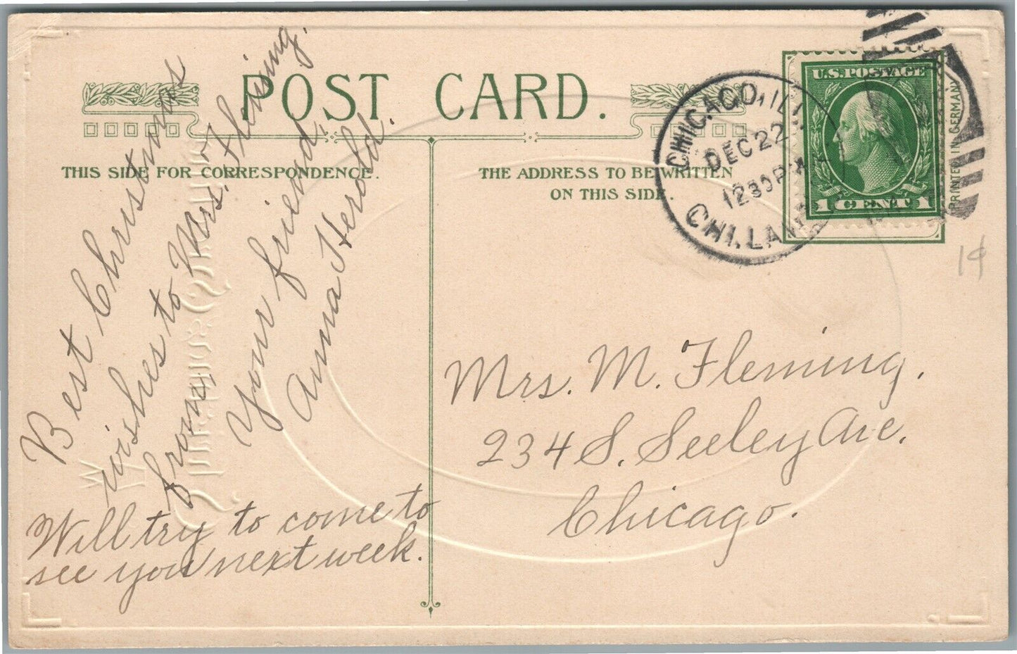 CHRISTMAS GREETINGS 1914 ANTIQUE POSTCARD by JOHN WINSCH