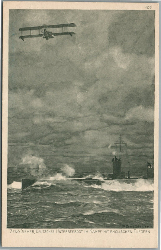 GERMAN EARLY AVIATION & SUBMARINE WWI ERA ANTIQUE POSTCARD