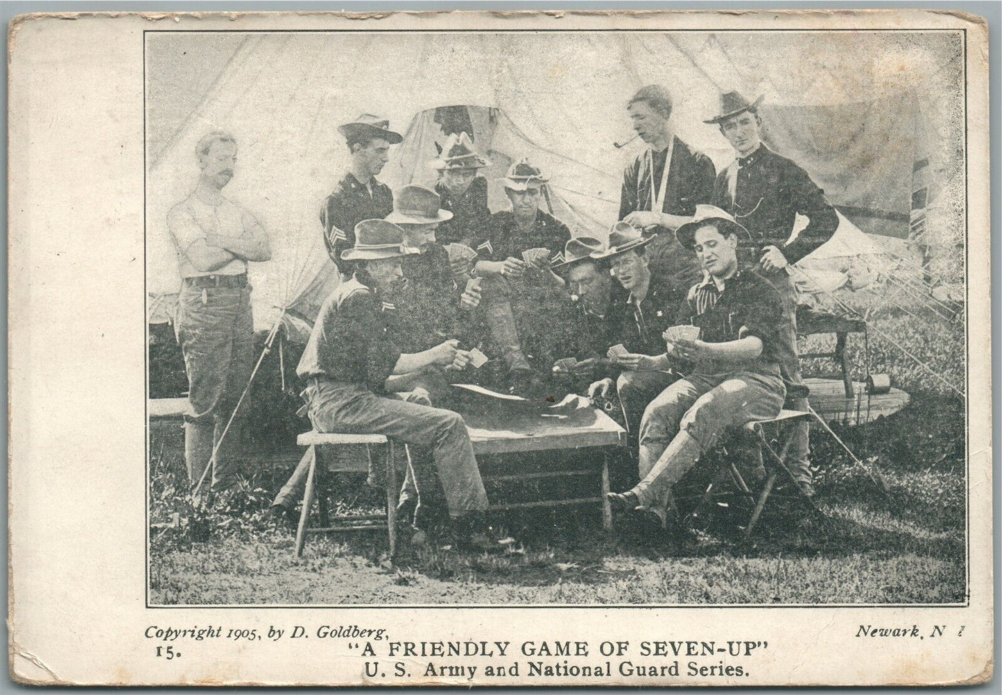 FRIENDLY GAME of SEVEN UP WWI ERA MILITARY ANTIQUE POSTCARD