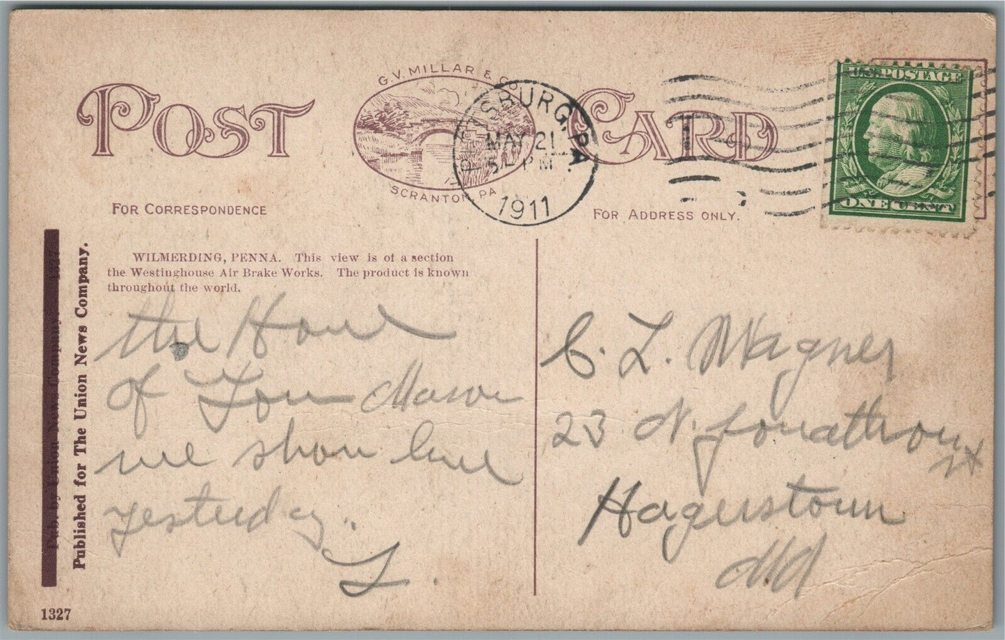 WILMERDING PA WESTLINGHOUSE AIR BRAKE CO. WORKS ANTIQUE POSTCARD