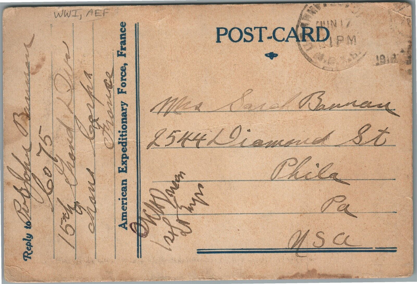 AMERICAN EXPEDITIONARY FORCE FRANCE on ACTIVE SERVICE 1919 YMCA ANTIQUE POSTCARD