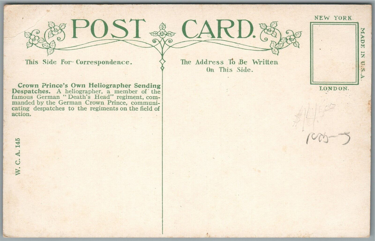 GERMAN CROWN PRINCE HELIOGRAPHER DEATH'S HEAD REGIMENT ANTIQUE POSTCARD