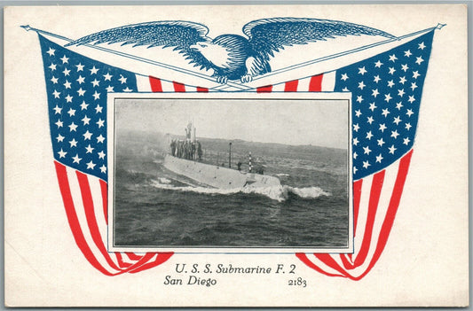 USS SUBMARINE F-2 SAN DIEGO AMERICAN PATRIOTIC ANTIQUE POSTCARD