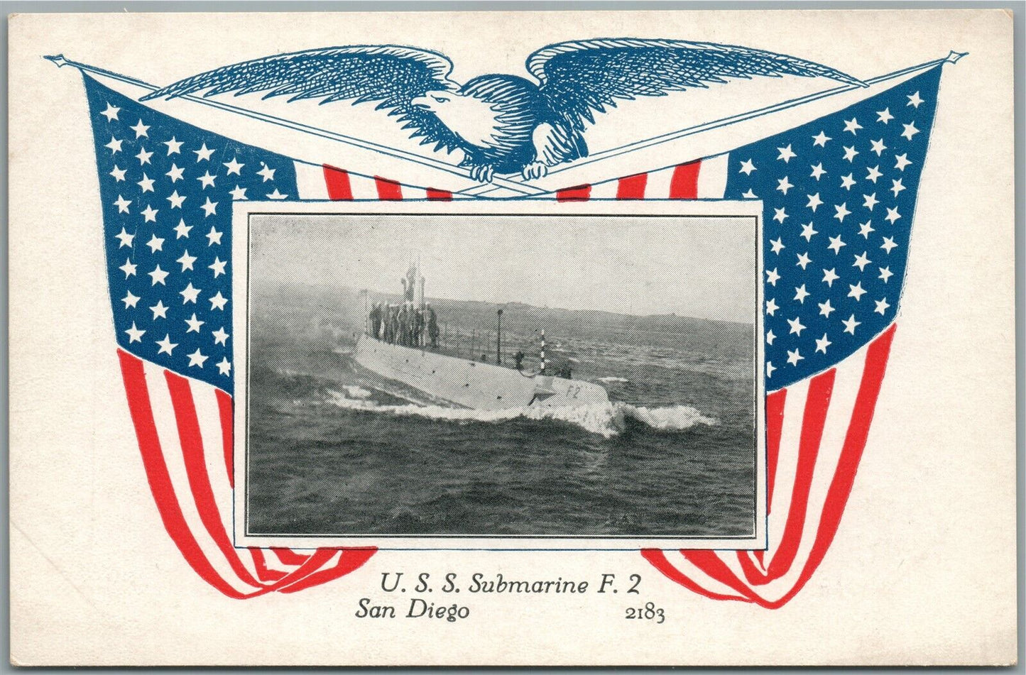 USS SUBMARINE F-2 SAN DIEGO AMERICAN PATRIOTIC ANTIQUE POSTCARD