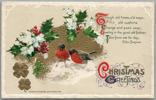 CHRISTMAS GREETINGS JOHN WINSCH 1911 ANTIQUE POSTCARD w/ BIRDS