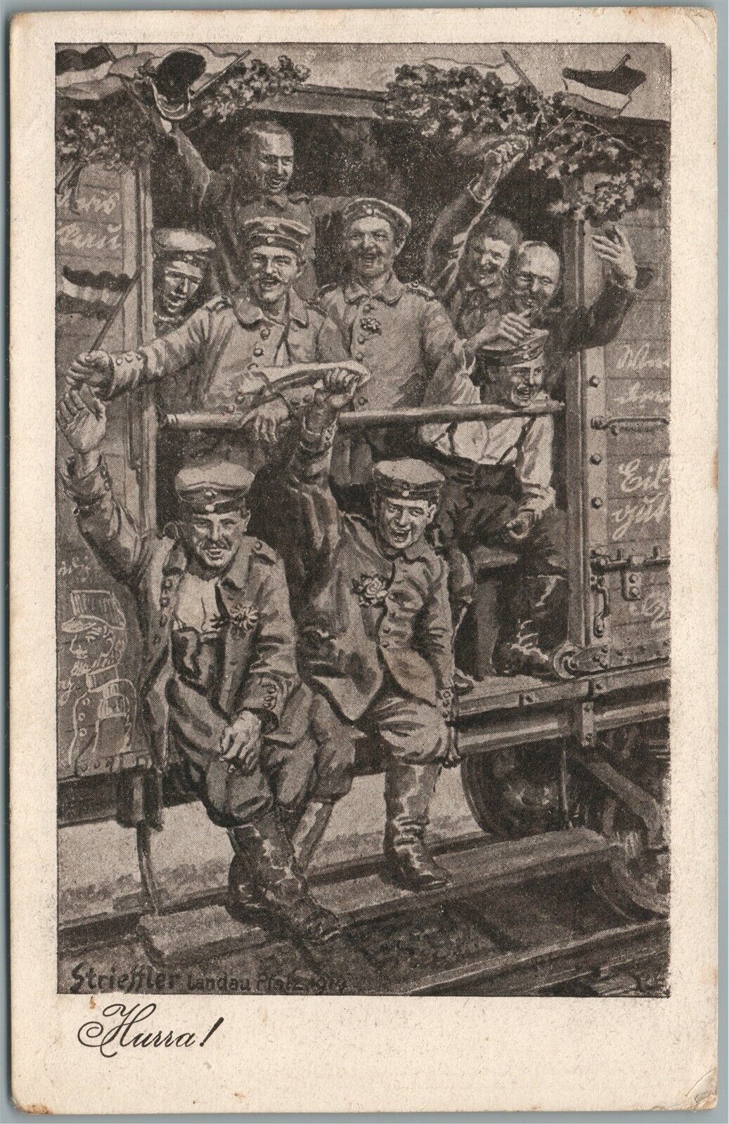GERMAN SOLDIERS in RAILROAD CAR WWI ERA FELDPOST 1915 ANTIQUE POSTCARD