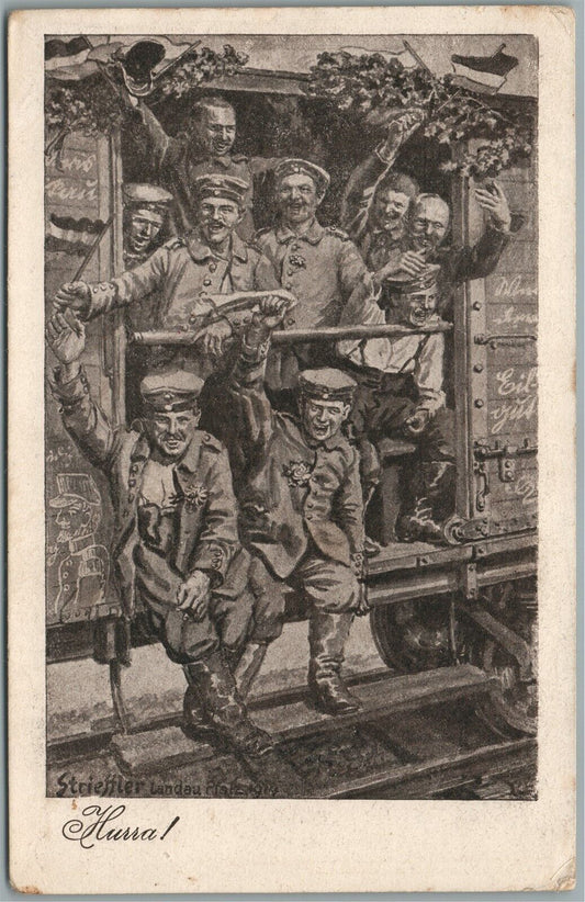 GERMAN SOLDIERS in RAILROAD CAR WWI ERA FELDPOST 1915 ANTIQUE POSTCARD