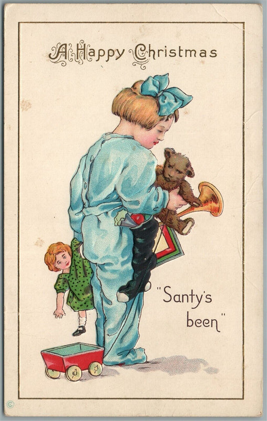 HAPPY CHRISTMAS SANTY'S BEEN ANTIQUE POSTCARD