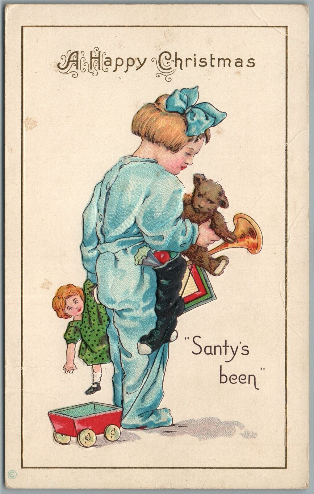 HAPPY CHRISTMAS SANTY'S BEEN ANTIQUE POSTCARD