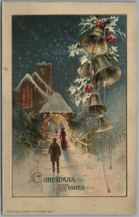 CHRISTMAS GREETINGS 1913 EMBOSSED ANTIQUE POSTCARD by JOHN WINSCH