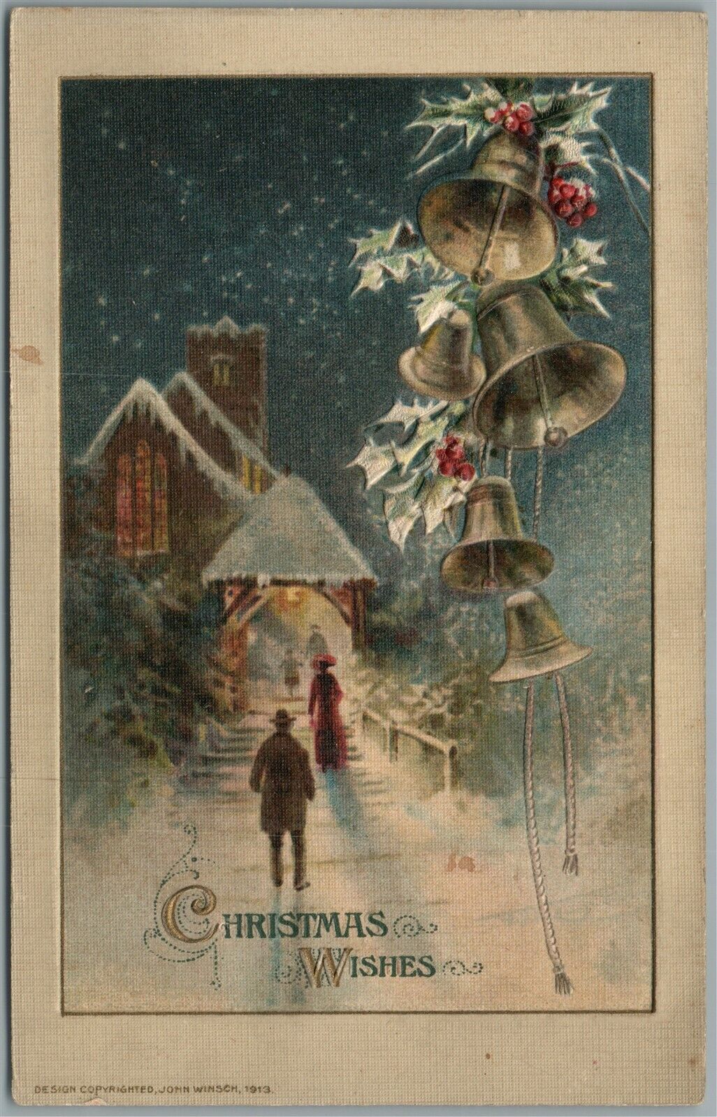 CHRISTMAS GREETINGS 1913 EMBOSSED ANTIQUE POSTCARD by JOHN WINSCH
