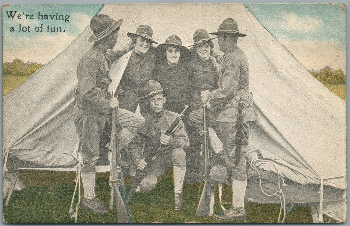 AMERICAN SOLDIERS BOYS & GIRLS HAVING FUN ANTIQUE POSTCARD