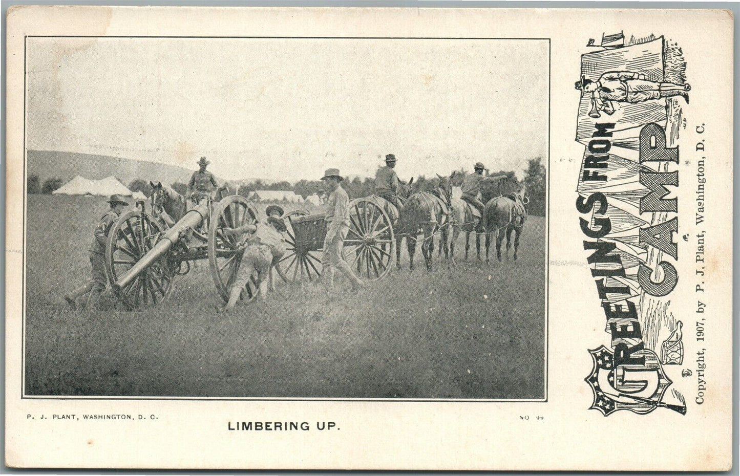 AMERICAN WWI ERA US ARMY LIMBERING UP ANTIQUE POSTCARD GREETINGS FROM CAMP