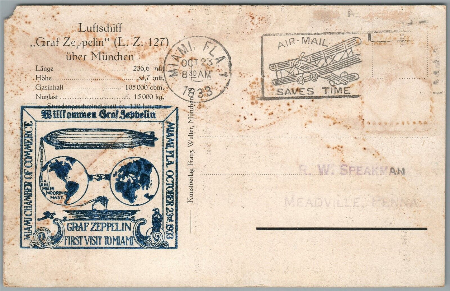 GERMAN DIRIGIBLE GRAF ZPPELIN 1933 FIRST VISIT TO MIAMI CANCEL ANTIQUE POSTCARD