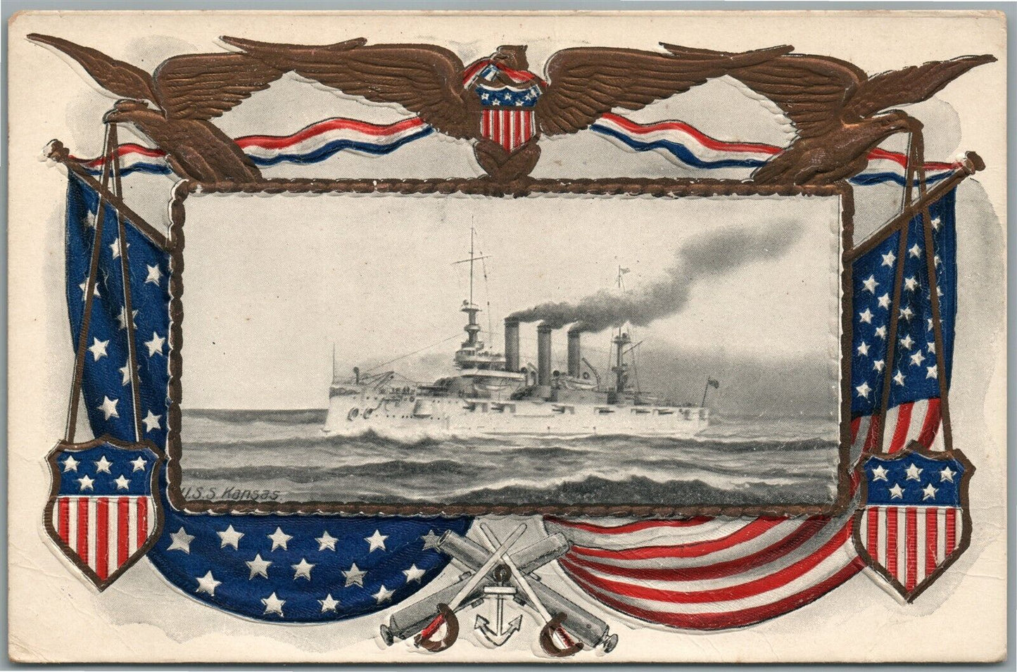 USS KANSAS AMERICAN PATRIOTIC ANTIQUE POSTCARD